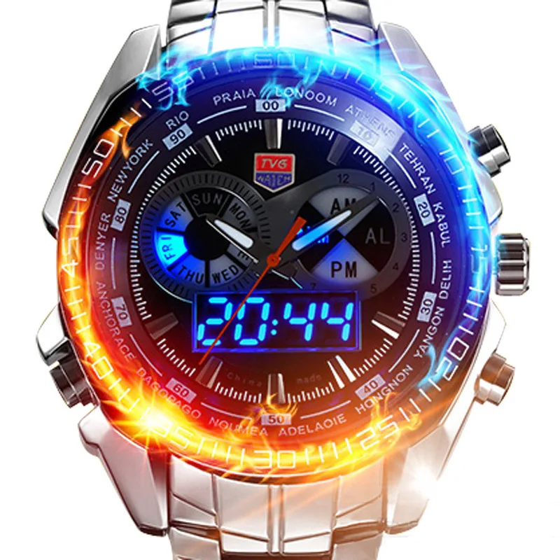 TVG Stainless Steel Watch Men Luxury Brand  Military Blue Binary LED Waterproof Mens Sports Digtal Watches relogio masculino