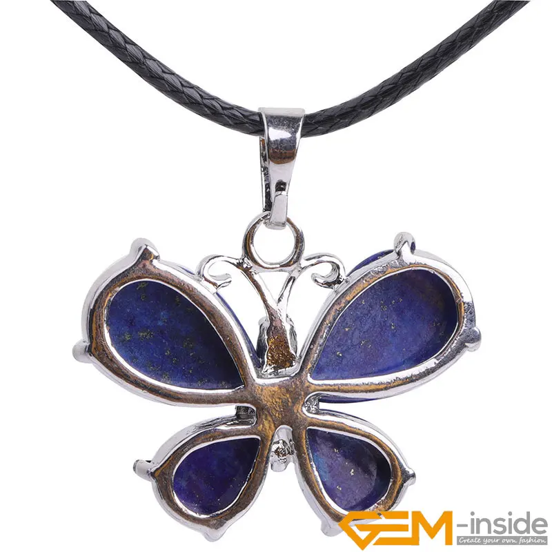 Natural Stone Lapis Lazuli Amethysts Howlite Green Aventurines Charm Butterfly Animal Pendant Leather Chain Necklace 19 Inch