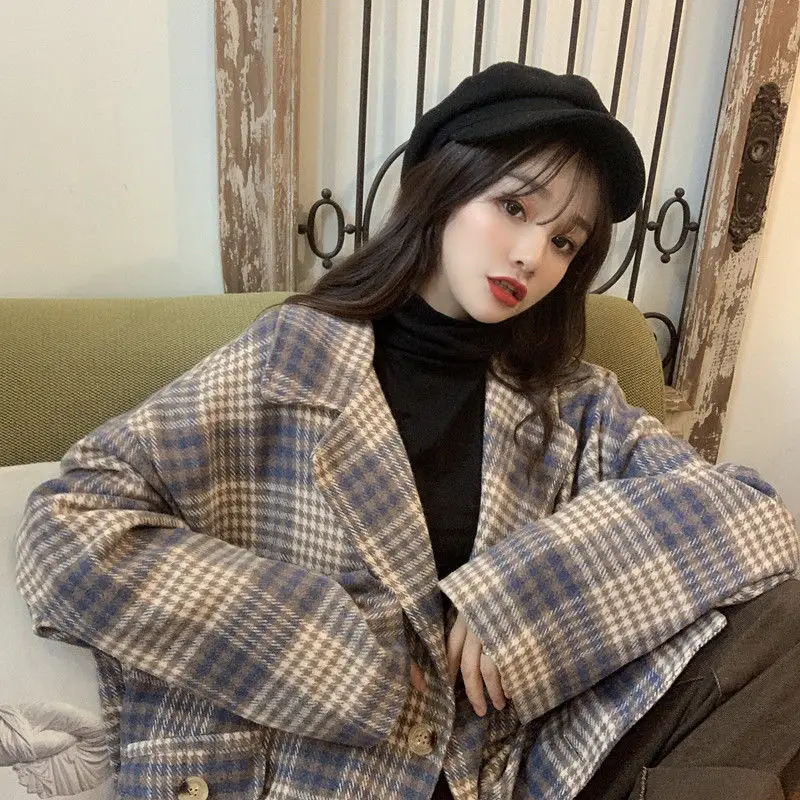 Blazers Women Autumn-winter Loose Medium-long Notched Vintage Plaid Outwear Coats Female Elegant Simple All-match Trendy Ulzzang