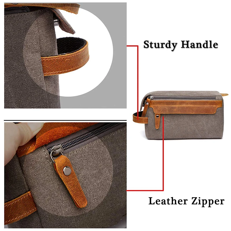 Toiletry Bag for Men Shaving Kit Bag Crazy Horse Leather Dopp Kit Travel Shaving Bag Mens Toiletry Bag Canvas