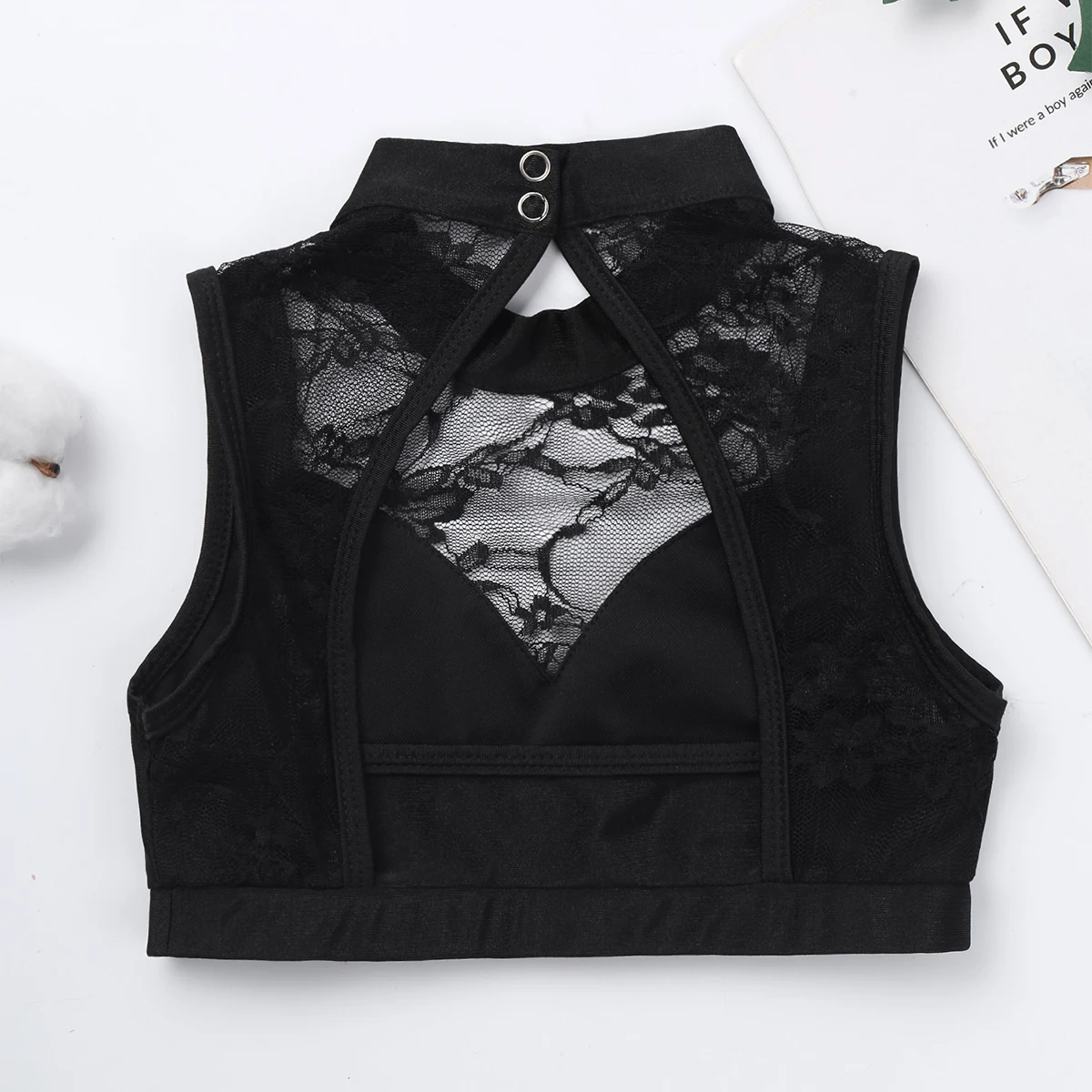 Kids Girls Ballet Dancewear Sleeveless Backless Lace Mesh Flower Pattern Crop Top Children Gymnastics Ballet Dance Tank Tops