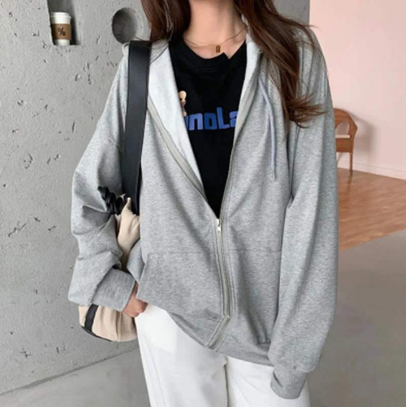 

Winter Zip Up oversize Hoodies Sweatshirt Women Vintage Pockets Long Sleeve Cardigan Warm Jacket