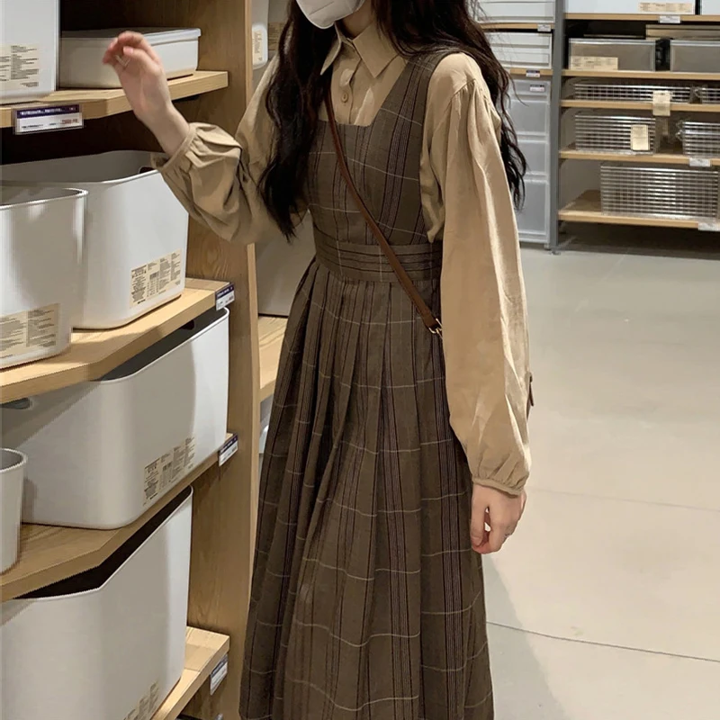 Dress Two-Piece Autumn Dress 2021new Women's Check Overall Dress College Style Pleated Skirt A- Line Skirt Ins