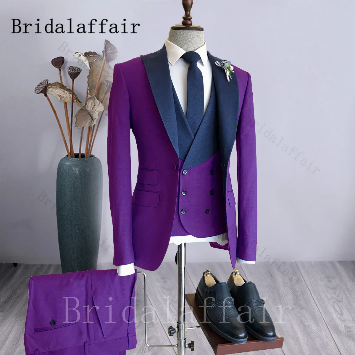 Bridalaffair ชุดสูท3ชิ้นแบบหรูหราสำหรับผู้ชาย, เสื้อกั๊กกางเกงคอปกทรงเข้ารูปสำหรับงานแต่งงาน