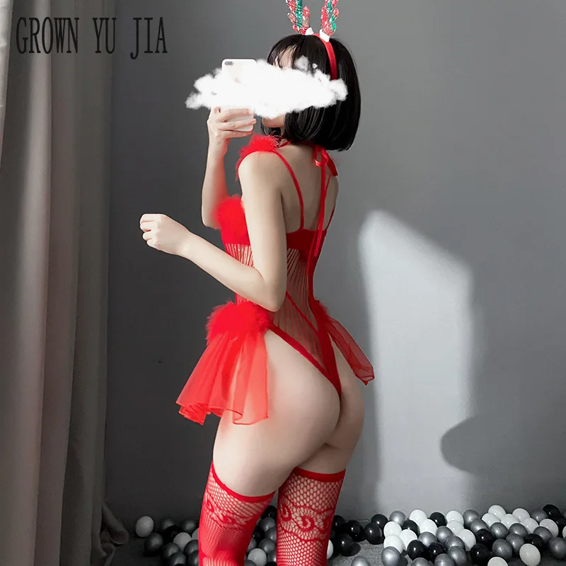 

Halloween Sexy Fishnet Bodysuit Underwear Erotic One-piece Net Clothes Temptation Role Play Red Christmas Fishnet Stockings Suit