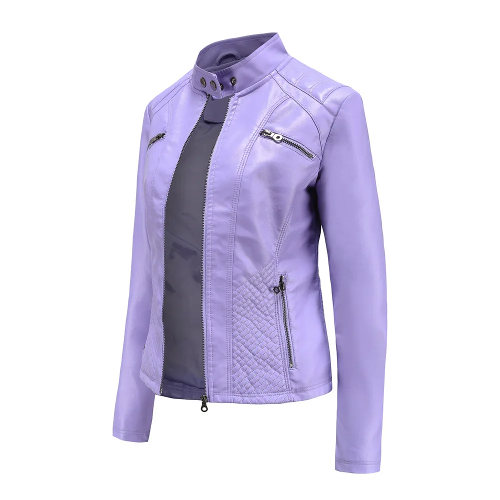 Spring New Casual Women Leather Jacket Stand Collar Slim Fit Short PU Leather Coat Solid Classic Female Outerwear