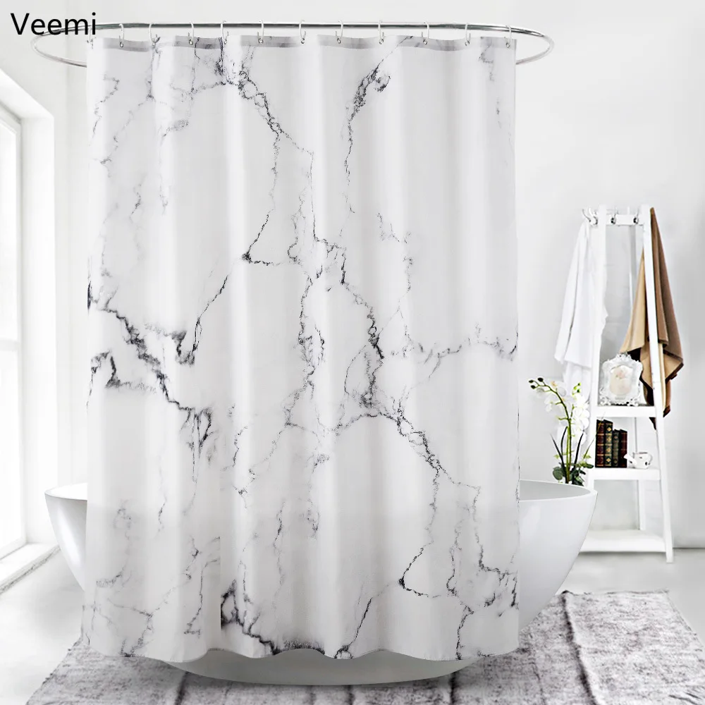 European style marble printed waterproof fabric shower curtain bathroom bathtub high quality durable curtain with hooks