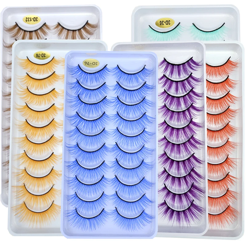 10 Paris/Lot Rainbow Colorful Mink False Eyelashes White Bulk Red Purple Blue Colors Fake Lashes for Dolls Cosplay Makeup Cilias