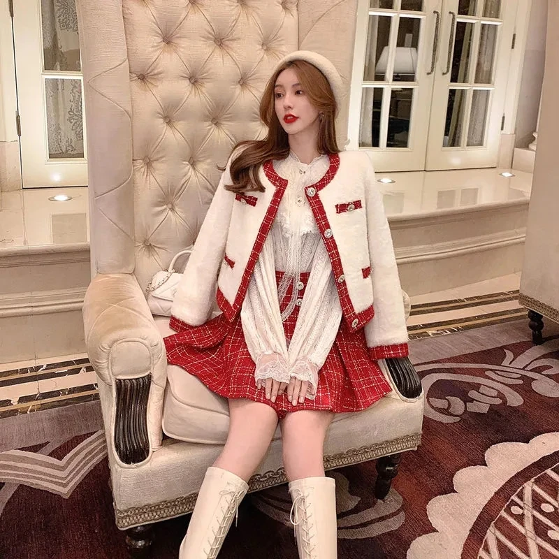 2022 Ladies Christmas Suit Two Piece Set Thick Winter Red Tweed Lattice Chic Jacket Warm Plaid A-line Pleated Skirt Suit Female