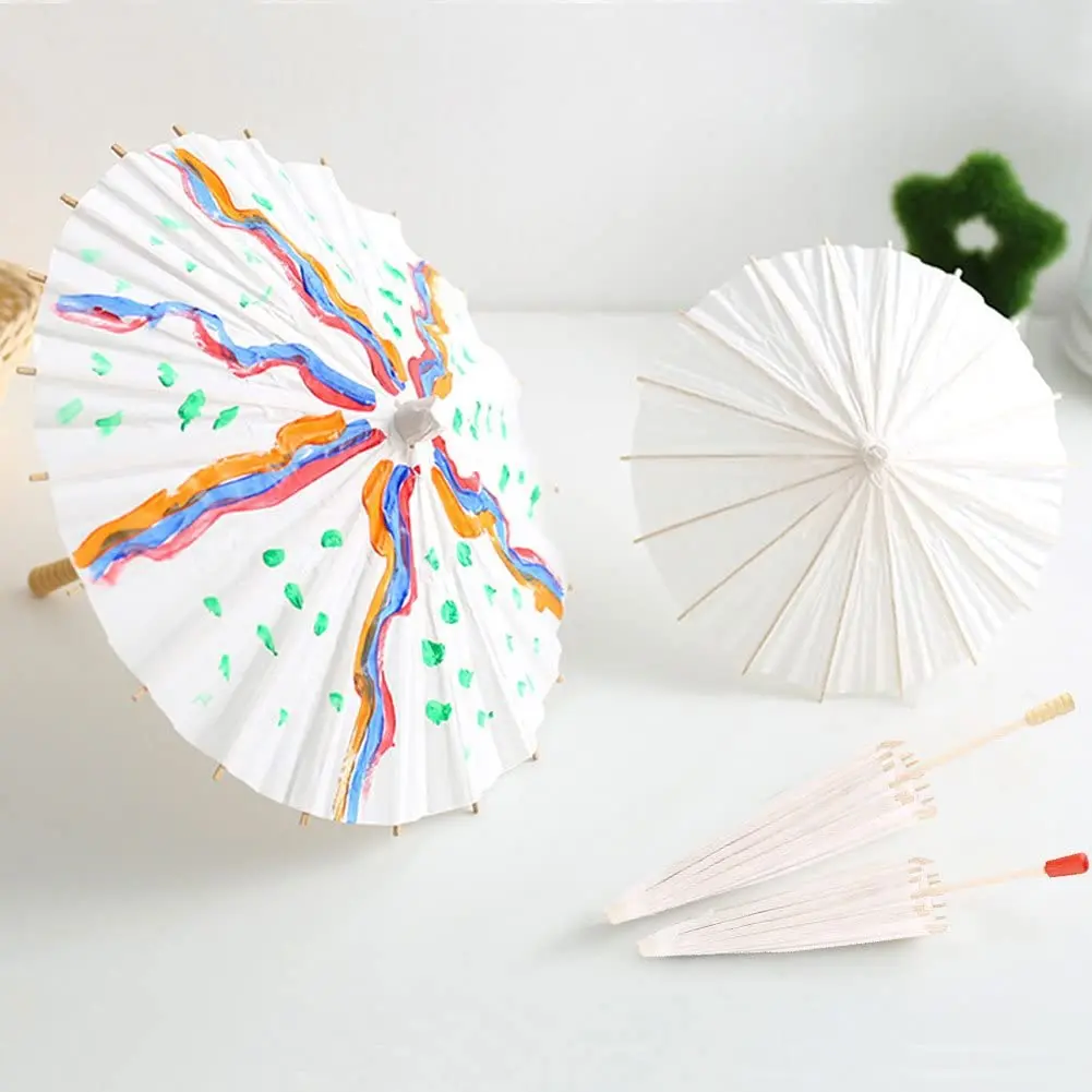 White Paper Parasol for Wedding Decor, Chinese and Japanese Paper Umbrella, Diameter 60cm, Random, Handle Style, 10Pcs