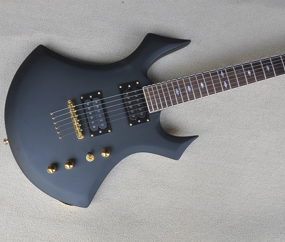 6 Strings Matte Black Unusual Shaped Electric Guitar with Humbuckers Pickups,Rosewood Fretboard