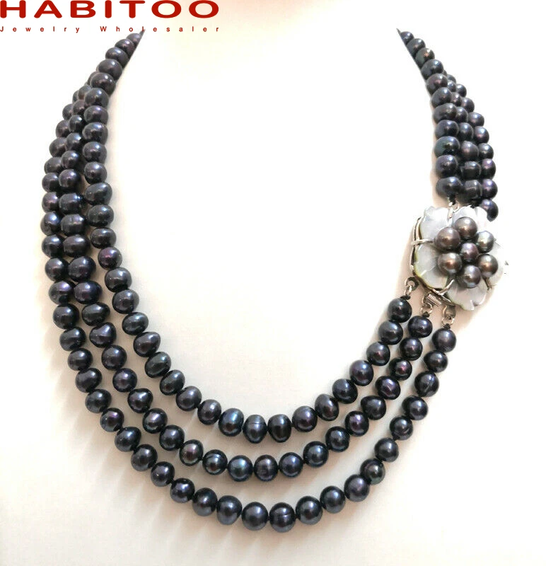 3 Rows 7-8mm 100% Genuine Natural Black freshwater Cultured Pearl  Shell Flowe Clasp Choker Necklace Fashion Gift For Women