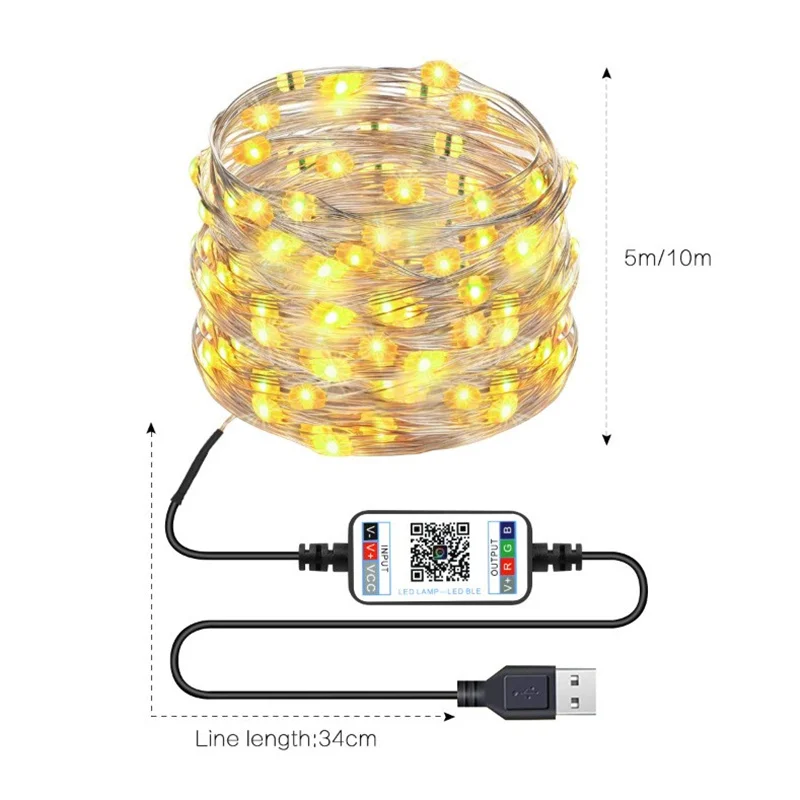 Led luzes de corda inteligente controle bluetooth rgb lâmpada 5/10/20m fonte de alimentação usb luzes de corda de fadas para decoração de natal