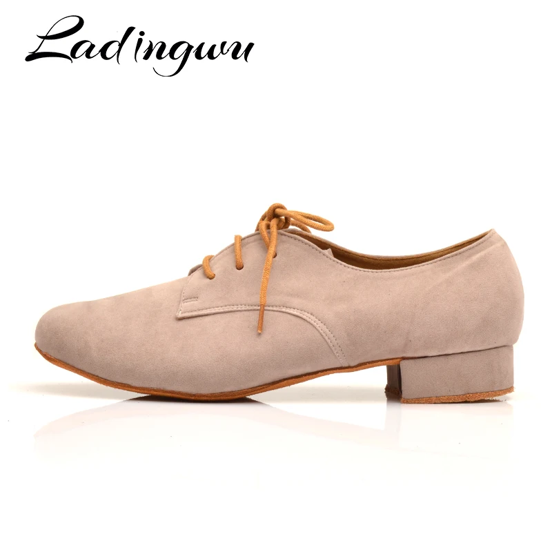 Ladingwu Men\'s Suede Ballroom Dance Shoes Flats Modern Dance Shoes Light Brown Tango Party Wedding Square Dance Shoes