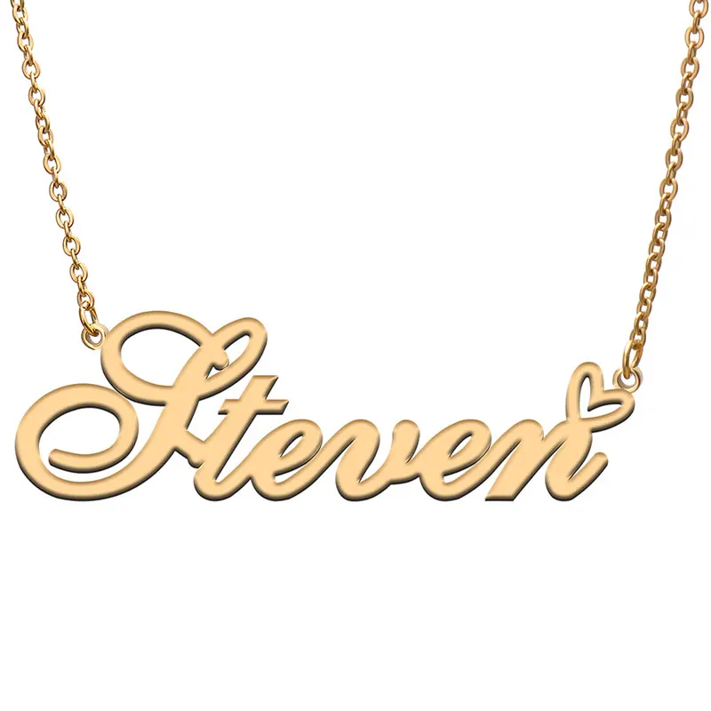 Steven Name with Love Heart Necklace for Women Stainless Steel Jewelry Nameplate Pendant Femme Mother Child Girls Gift