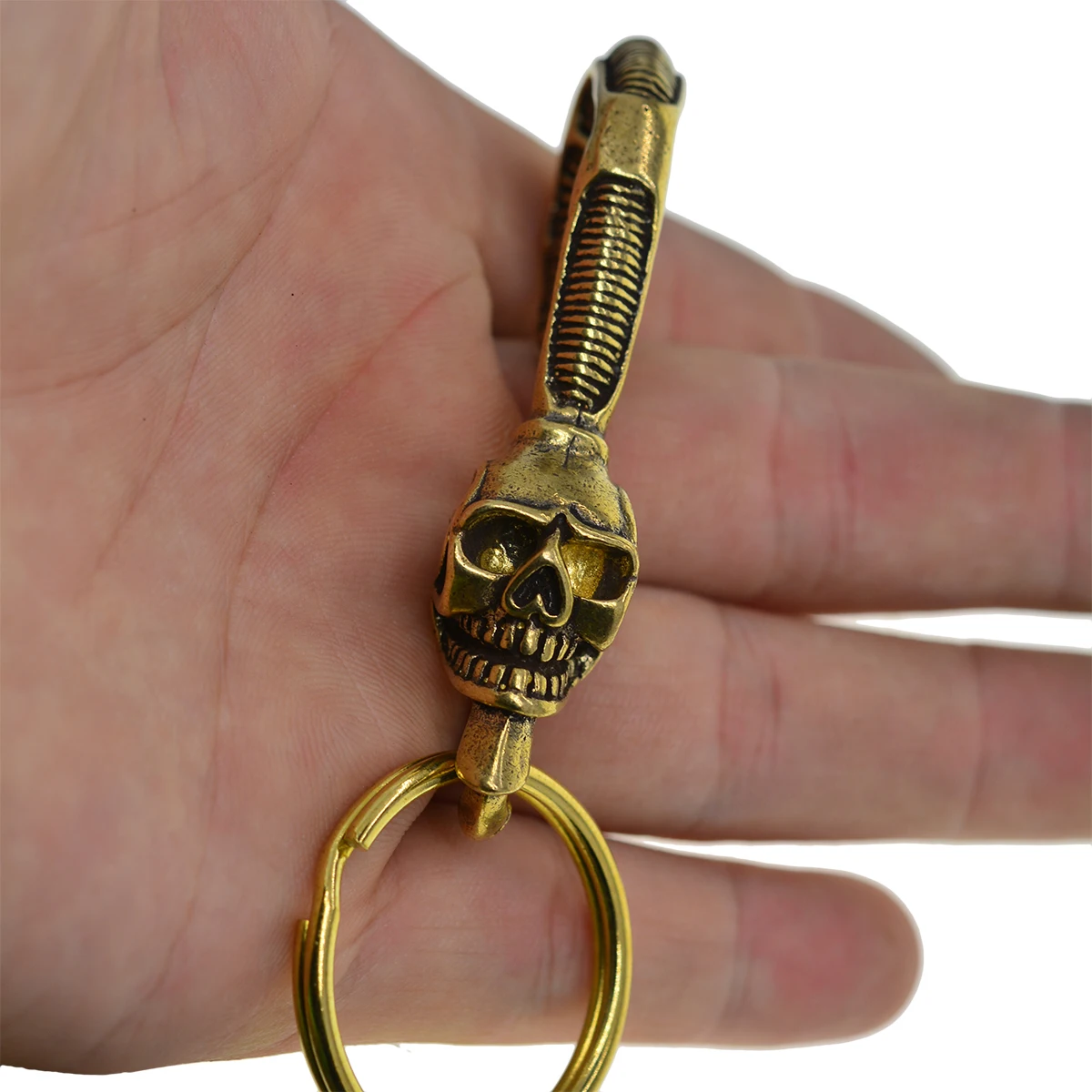 handmade super fine biker punk 3D skeleton skull head raw brass FOB fish U hook keychain jean chain belt key hanger  hook DIY