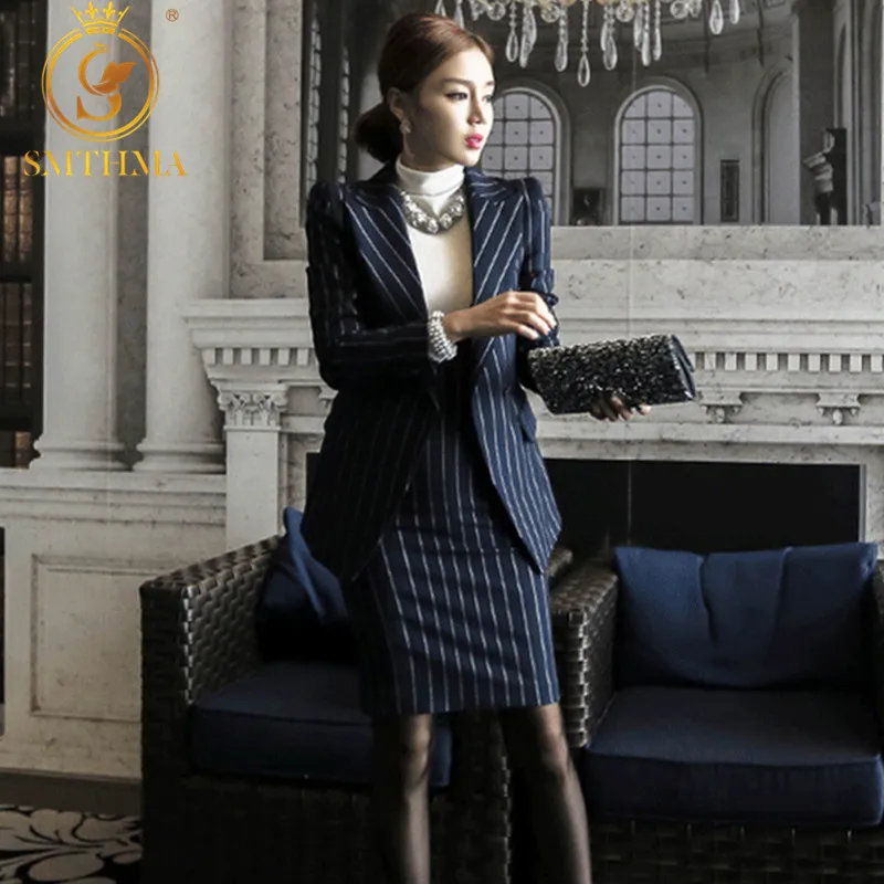 High Quality Navy and white stripes Formal Uniform Designs women suits With Jackets And Dress For Ladies Office Dress Sets