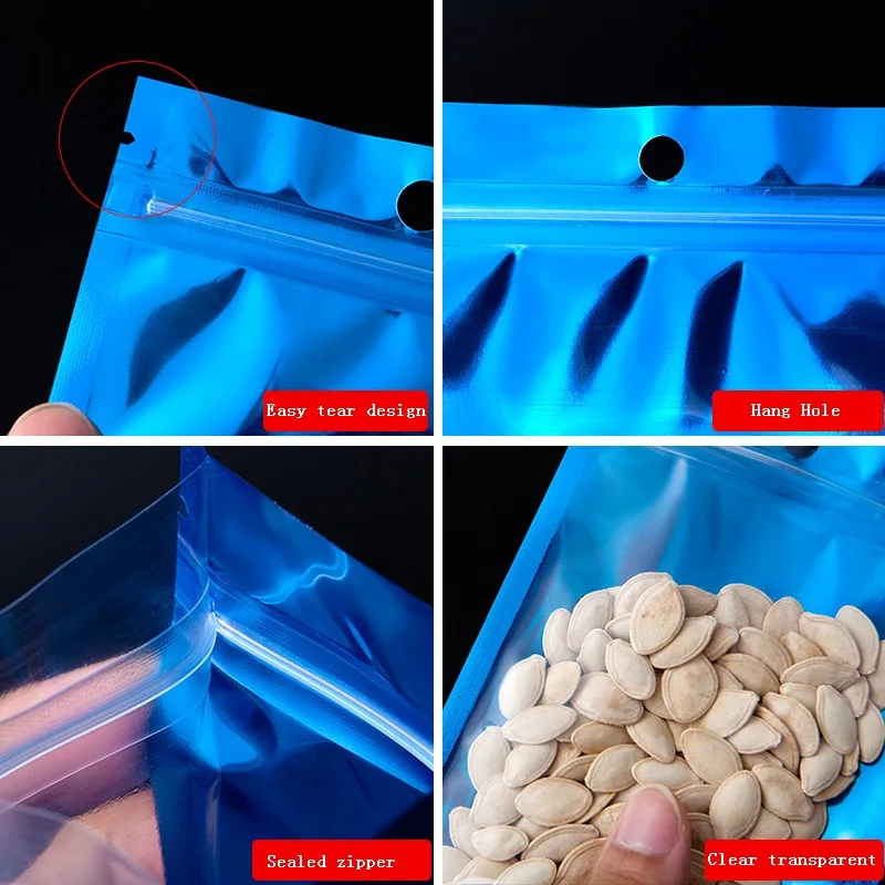 1000Pcs/Lot Blue Resealable Smell Proof Flat Ziplock Aluminum Foil Bag Clear Front Hang Hole Packing Bag For Food Storage