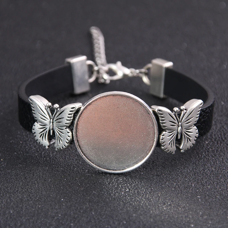 1pcs PU Leather Rope Butterfly Bracelet Base Blank Tray Suitable For 25 mm Glass Round Relief DIY Jewelry Handmade Found