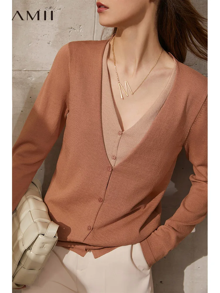 Amii Minimalism Autumn Cardigan For Women Elegant V Neck Contrast Thicken Sweaters Casual Loose Female Knitted Tops 12140722