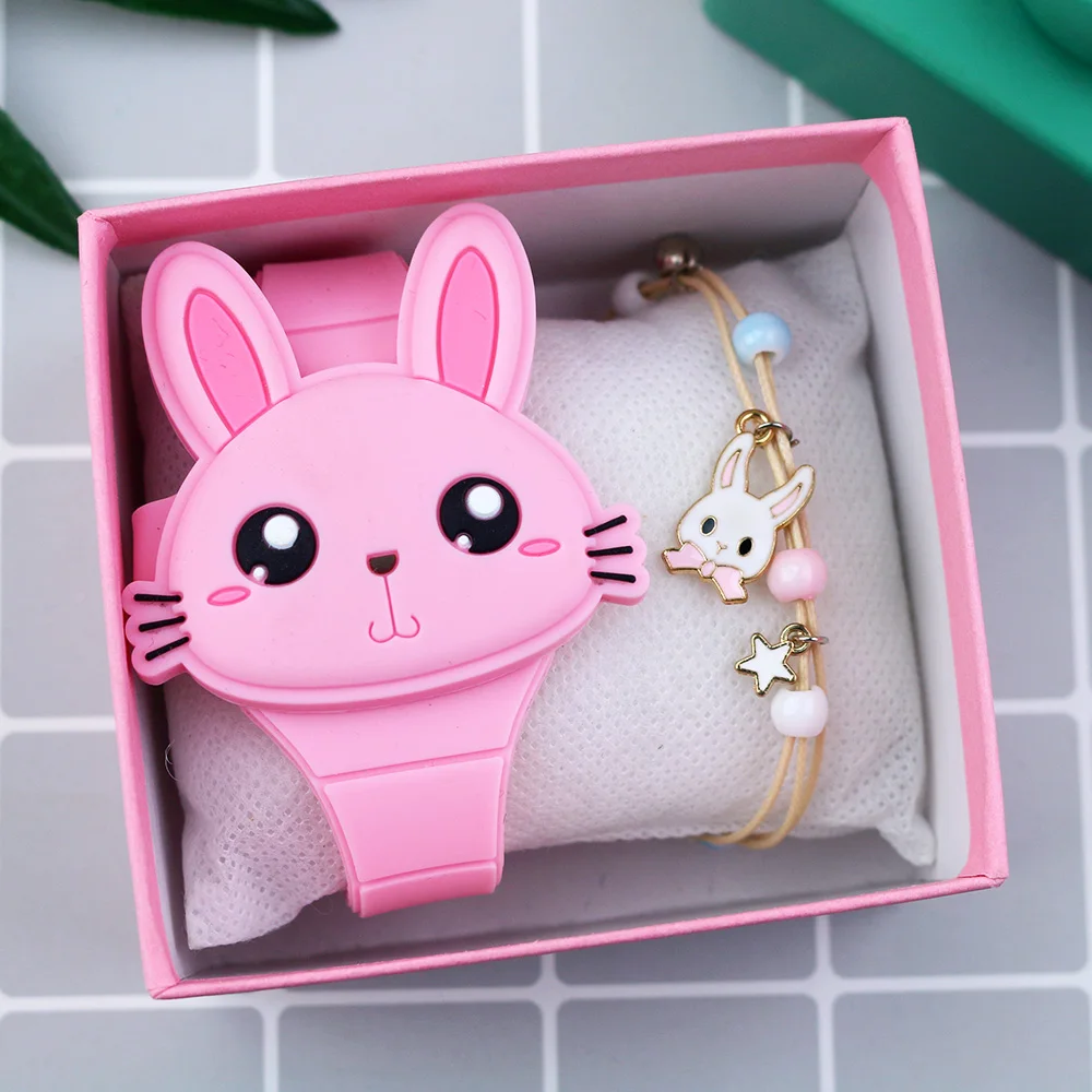 LED Cartoon Rabbit Children Watches with Bratelet Lovely Rabbit Electronic Girls Kids Watch ladies Flip Cover Students Clock