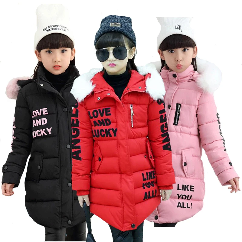 

Withstand The Severe Cold Thick Keep Warm Winter Jacket For Girls Letter Hooded Kids Outerwear Teenager Long Windbreaker Coat