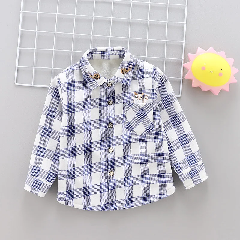 BINIDUCKLING 2020 Winter Fleece Shirts For Toddler Boy Thicken Warm Children's Clothes Plaid Long Sleeve Kids Boys Shirts