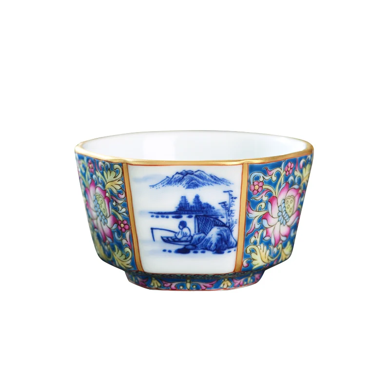 |ceramic hand painted enamel blue and white landscape six square cup kungfu tea making cup individual single cup