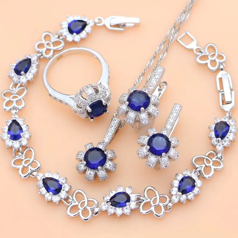 

Blue sapphire 925 Sterling Silver Bridal Jewelry Sets Docoration Women Wedding Earrings Rings Dropshipping Necklace Set