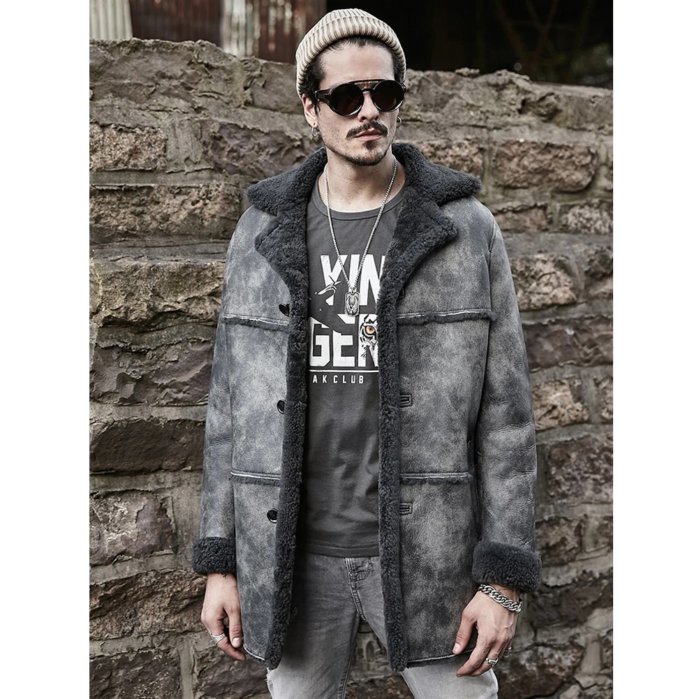 Shearling Coat Mens Brown B3 Bomber Jacket Hunting Leather Jacket Mens Winter Coats Long Fur Jacket Trench Coat