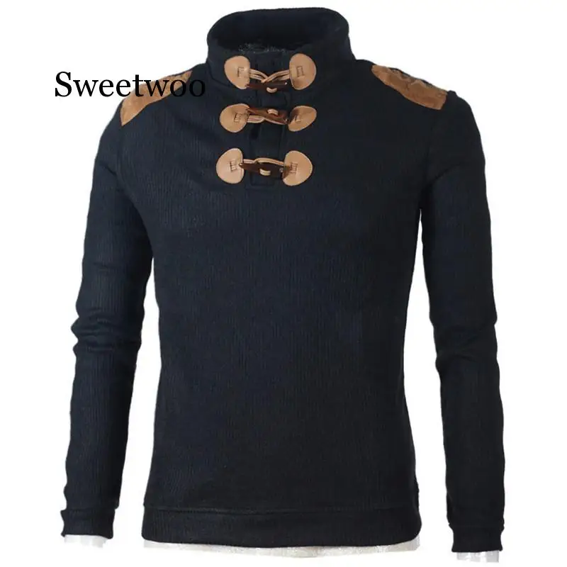 2020 Autumn Men\'s Sweater Pullover Male Long Sleeve Horn Button Knitted Turtleneck Sweaters slim fit Black Gray Pullovers