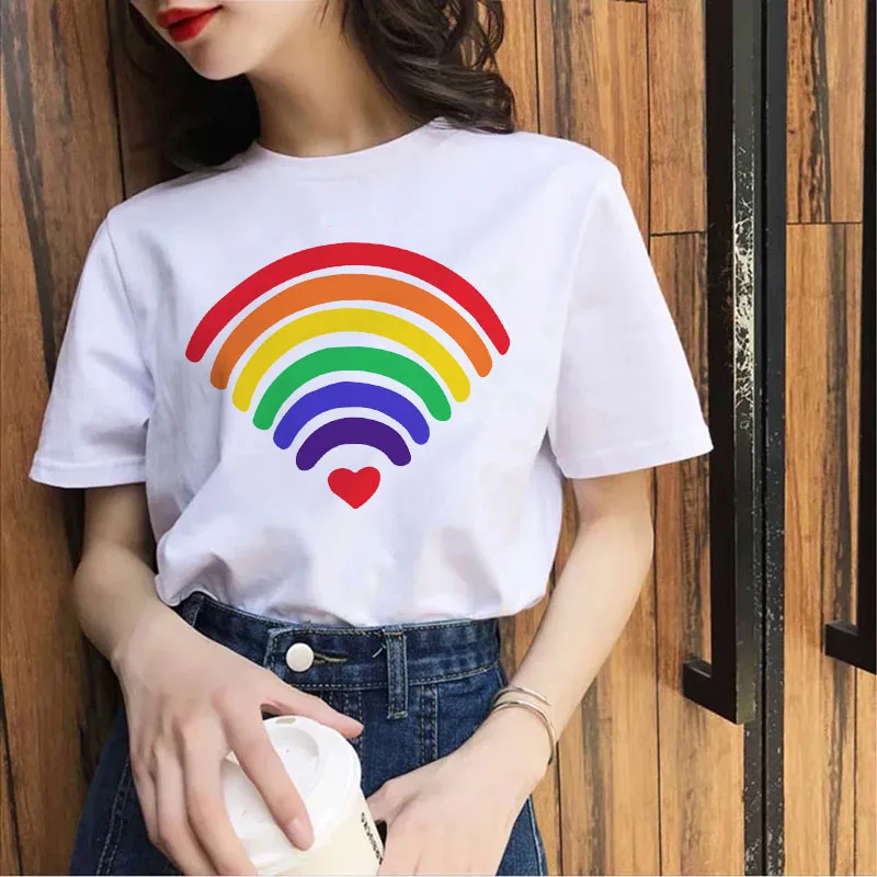 2023 Best Seller T-Shirt Watercolor Rainbow Wireless Signal Women Summer Polyester Cute Print Tees Tops Clothes Tshirt