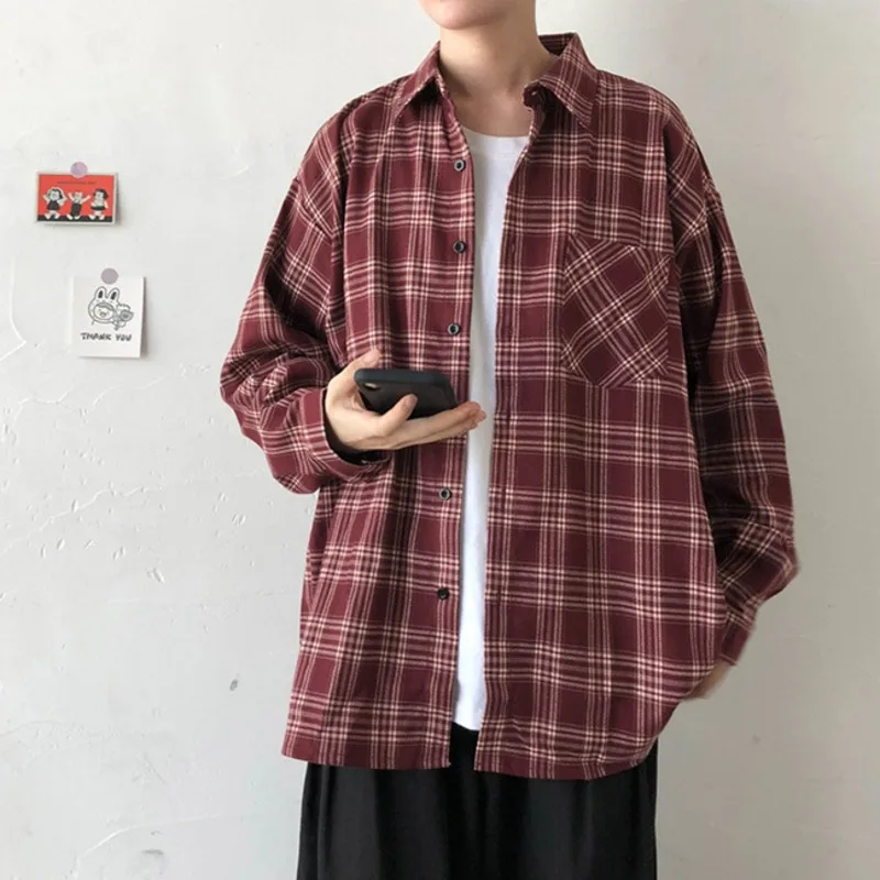 Chemise Homme Street Men Blouse Shirts Vintage Oversized  Flannel Boyfriend Plaid Shirt for Women Casual Korean Tops