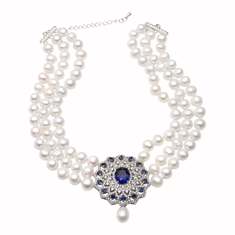 Real Natual Pearl Bead Necklace For Women,Three Strands Pearl Necklace Classic Sweater Chain Christermas Gift