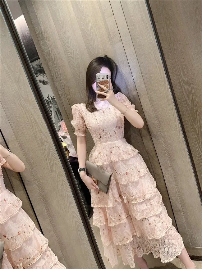 SMTHMA New Fashion Lace Hollow Out Summer Dress For Woman Embroidery Layered Cake Elegant Vintage Long Dresses Female Clothing