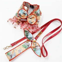 Dog Dress Harness Leash Set for Small Medium Dogs Cat Walking Summer Floral Print Luxury Design Puppy Short Dress with Pearl Bow