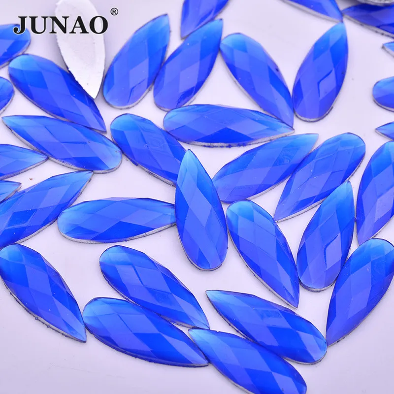 JUNAO 8*22mm Neon Blue Teardrop Rhinestone Flat Back Resin Applique Crystal Stone Non Hot Fix Strass Clothing Accessories Craft