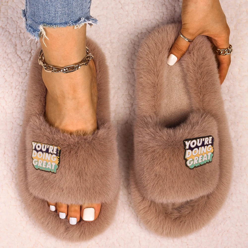 Fashion Slippers Ladies Faux Fur Slides Letter Decor Fluffy Flip Flop Platform Fur Sandals Furry Slippers Casual Shoes For Women