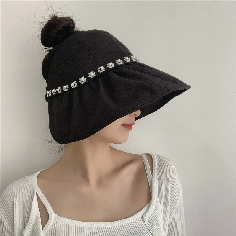 Fashion Ponytail Hat Lady Summer Sun Protection Hats Pearl Flower Fisherman's Cap Women's UV Cover Face Open Top Sun Caps