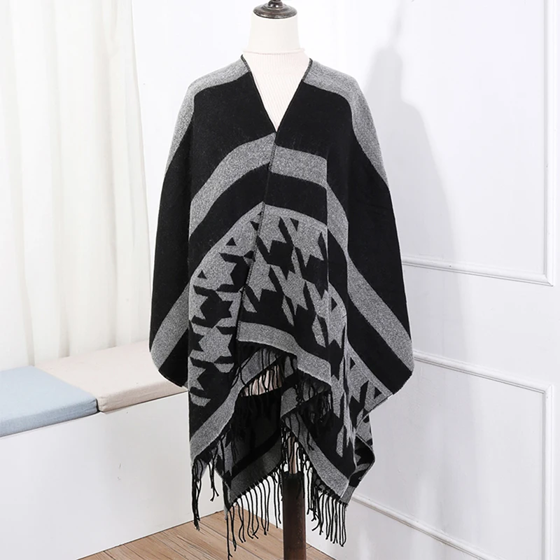 Fashion Imitation Cashmere Women Houndstooth Print Hooded Scarf Winter Warm Long Shawl Wrap Female Knitted Soft Thick Blanket