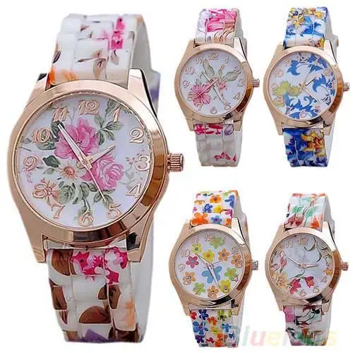 Vintage kadınlar İzle çiçek baskı silikon bant saat rakamları alaşım arama kuvars kol saati Reloj Mujer bayanlar izle hediye