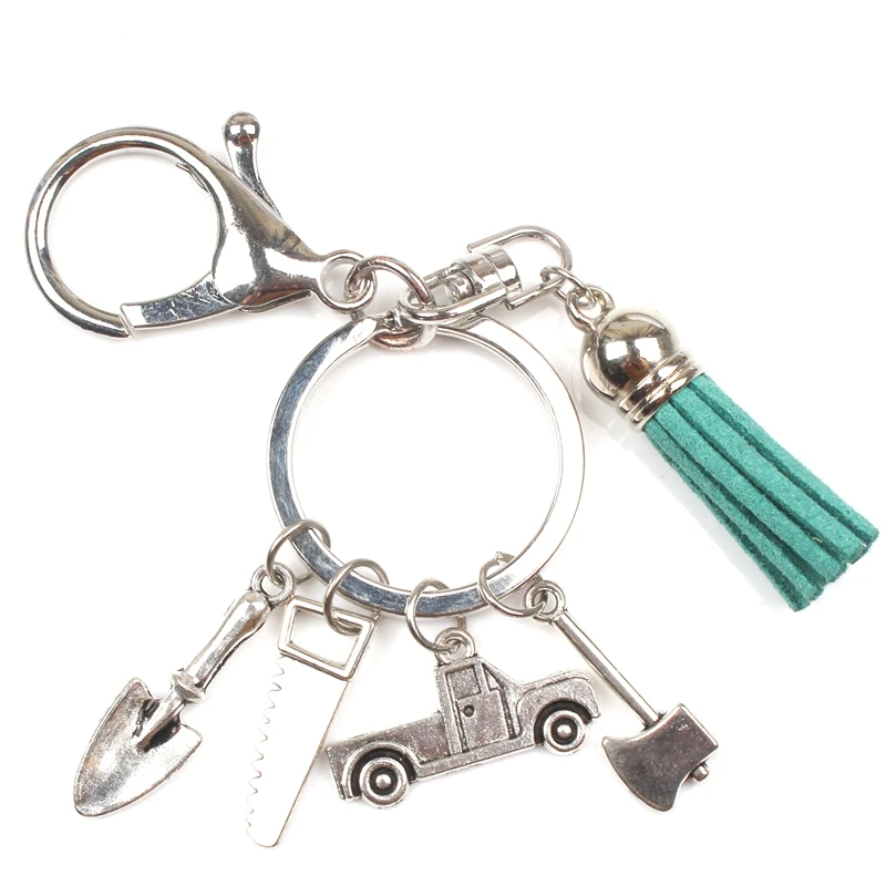 7 Color Tassel Stone Axe Keychain Hacksaw Trailer Mini Pendant Keychain Father Holiday Souvenir Gift Men and Women Jewelry