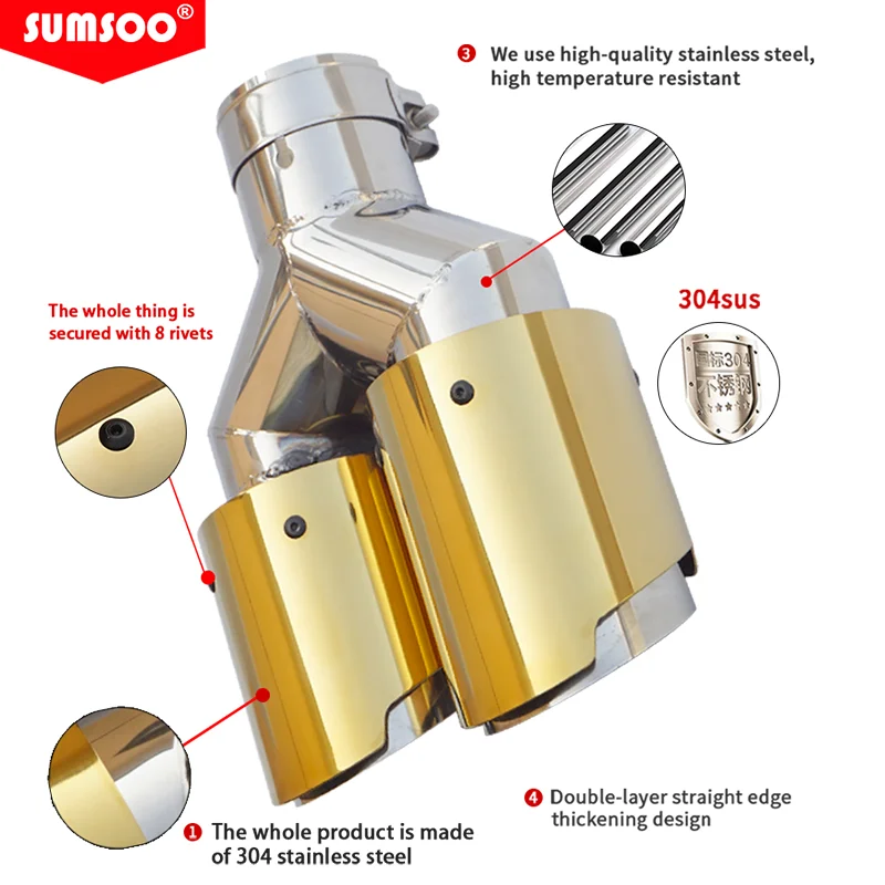 genuine SUMSOO Universal Car modify Glossy Muffler TipY Shape double Exit Exhaust Pipe Nozzle Decoration gold two-tier Stainless