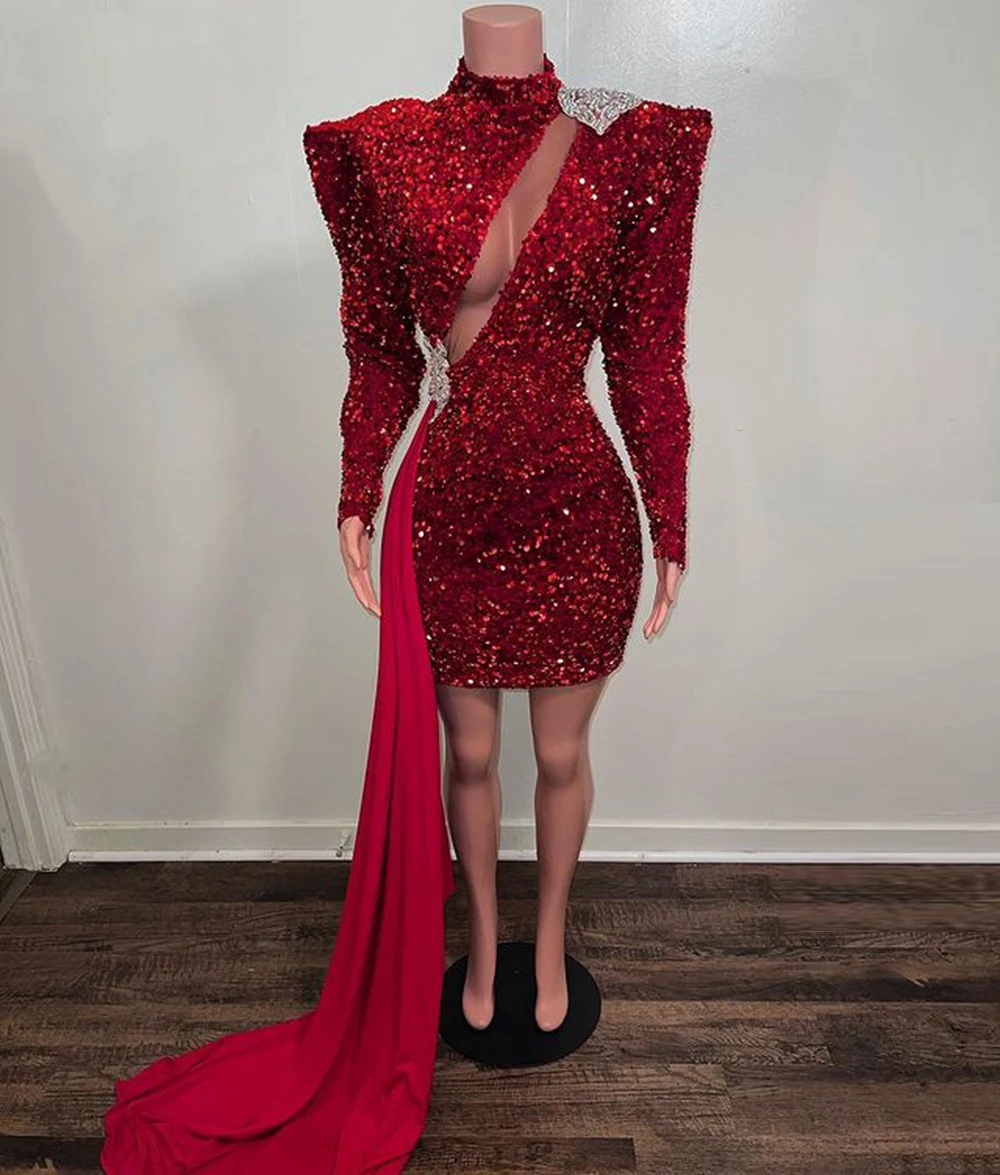 Burgundy Sequined Sexy Short Prom Dress Long Sleeve 2021 with Train African Black Girls Party Formal Gala Gowns Plus Size