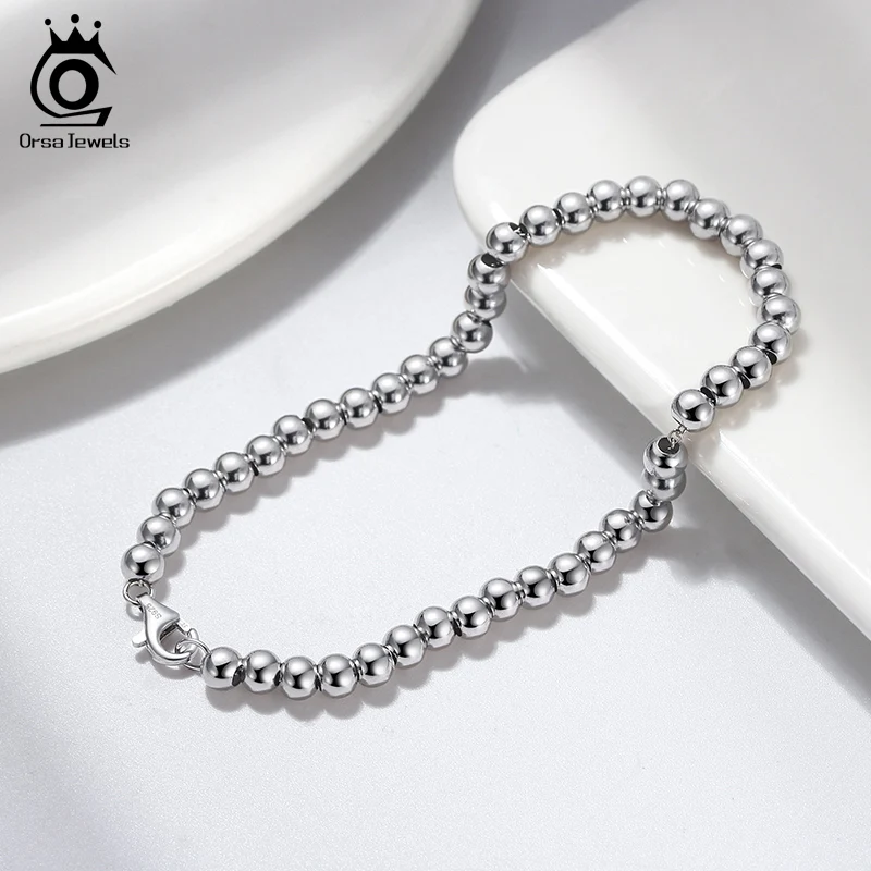 ORSA JEWELS 925 Sterling Silver Italian Handmade Round Ball Bead Strand Bracelet 4mm Chain Bracelet for Women 16.5 18 20cm SB103