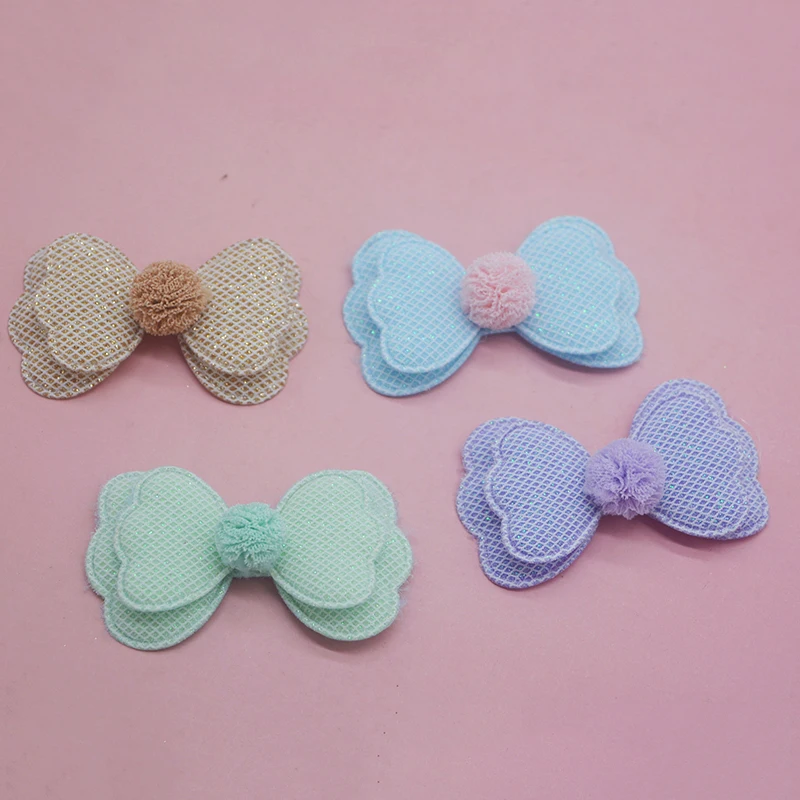 18 pz/lotto 6.4x3.8cm glitter due strati bowknot imbottito Appliques per Clip di capelli accessori fai da te Kid patch