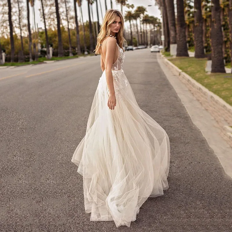 Vestido de novia de sirena con espalda descubierta, traje de encaje con cuello en V, estilo bohemio, talla grande, desmontable