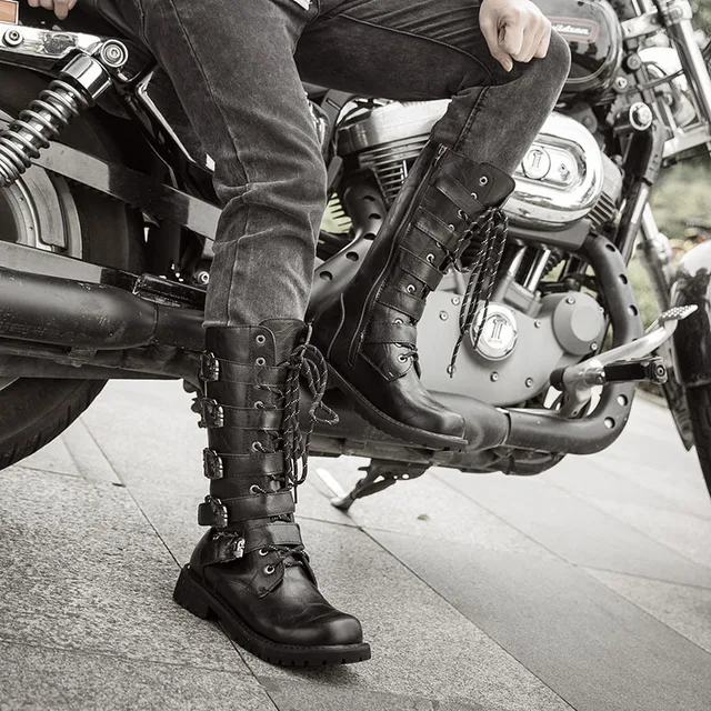 Rozmiar 38-46 męskie skórzane buty motocyklowe długie do połowy łydki oddychające bojowe gotyckie buty punkowe buty męskie Rock Punk buty