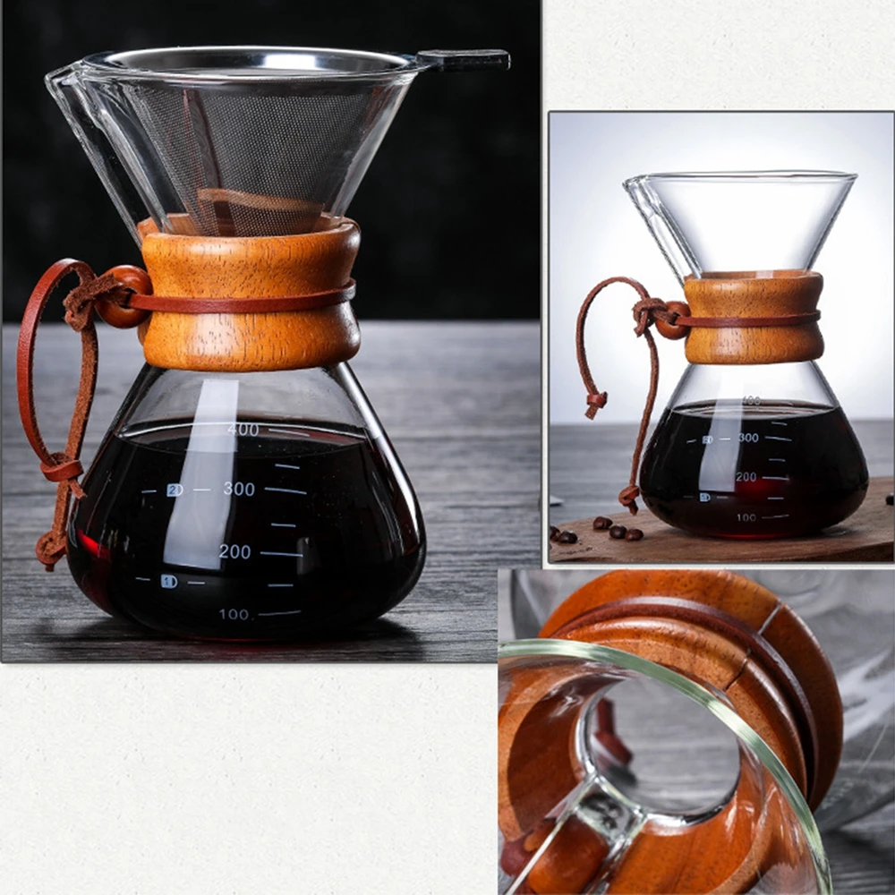 Coffee Pot Heat Resistant Glass Coffee Maker Espresso Coffee Drip Brewing Machine With Stainless Steel V60 Filter Pot 400ml