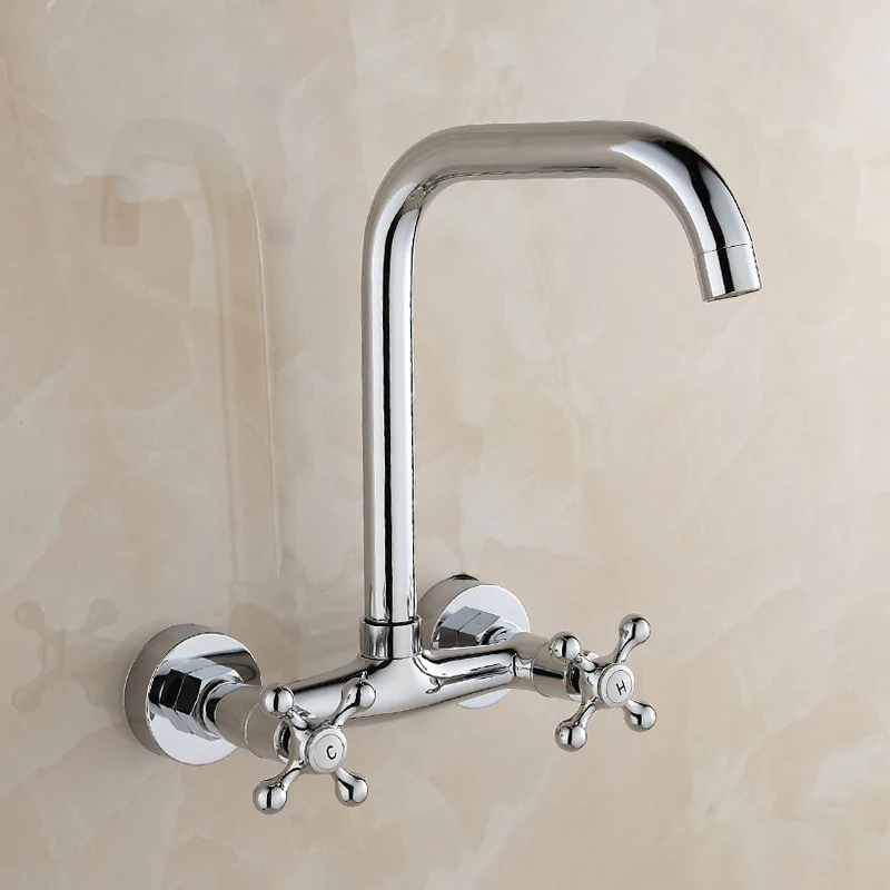 Kitchen Faucet Wall Mounted Bathroom Basin Faucet 360 Degree Rotation Double Handle Dual Hole Cold and Hot Water Mixer Tap Crane